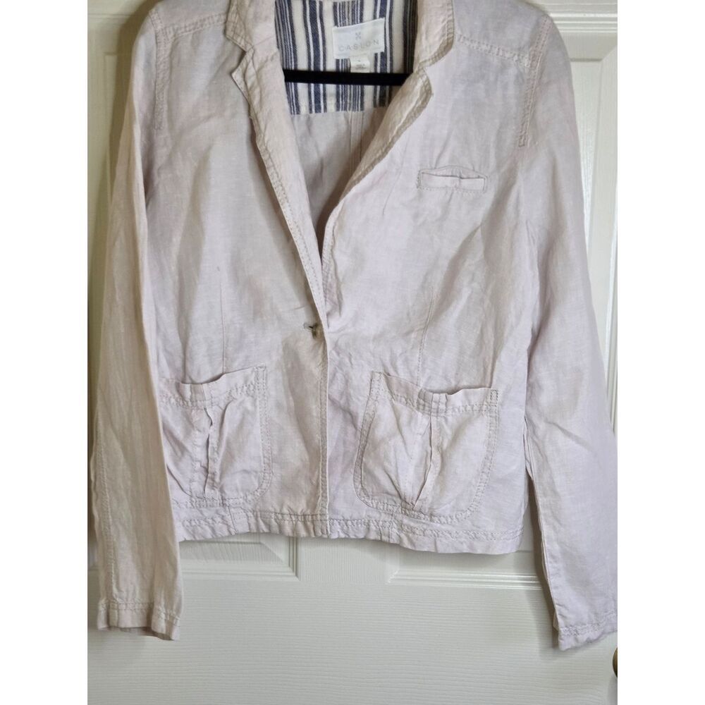 Caslon Soft Lace Pink 100% LINEN Pockets 1 Button Lslvs Women's Blazer Jacket
